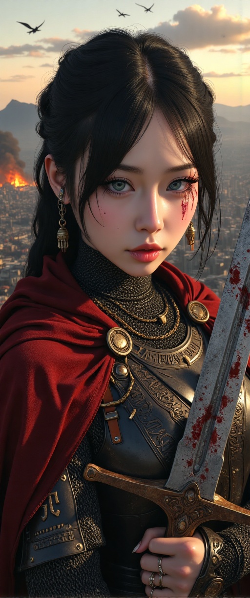 Ultra-realistic portrait of a battle-worn medieval warrior queen standing atop a crumbling fortress,  her steel armor engr...