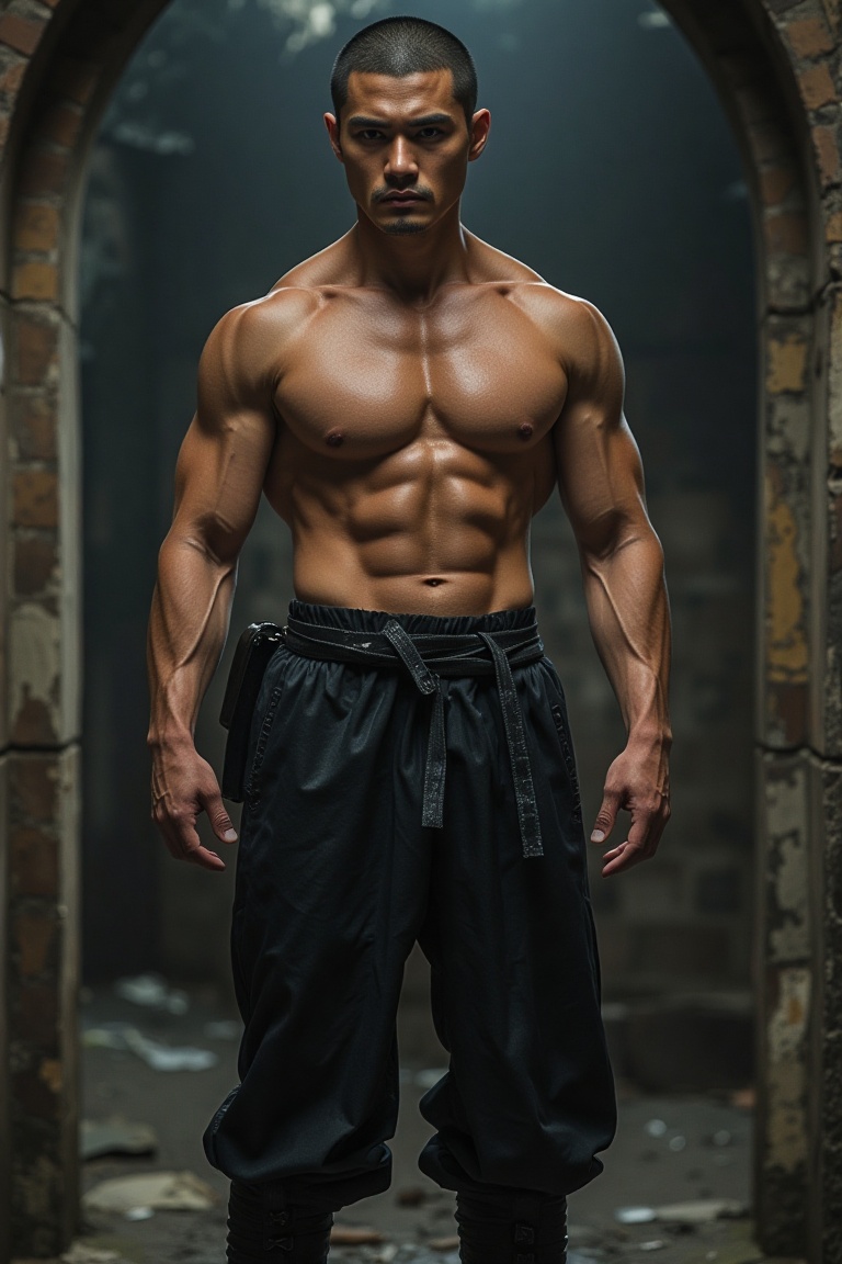 create an image of a strong intimidating asian boy warrior that is a muscular body builder warrior,  with Iron Skin,  shor...