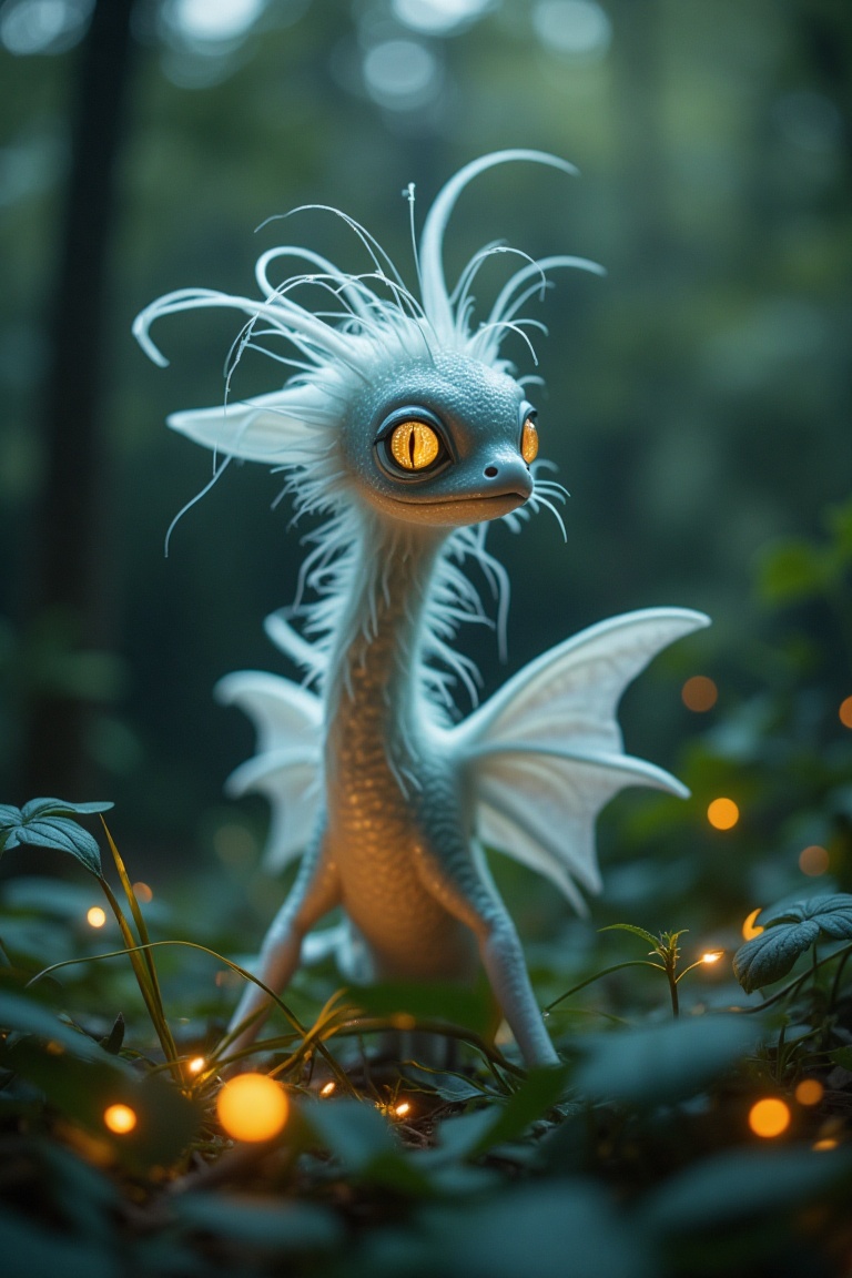 In a whimsical forest clearing,  a fantastical creature with an iridescent scales and wispy tendrils emerges from a misty...