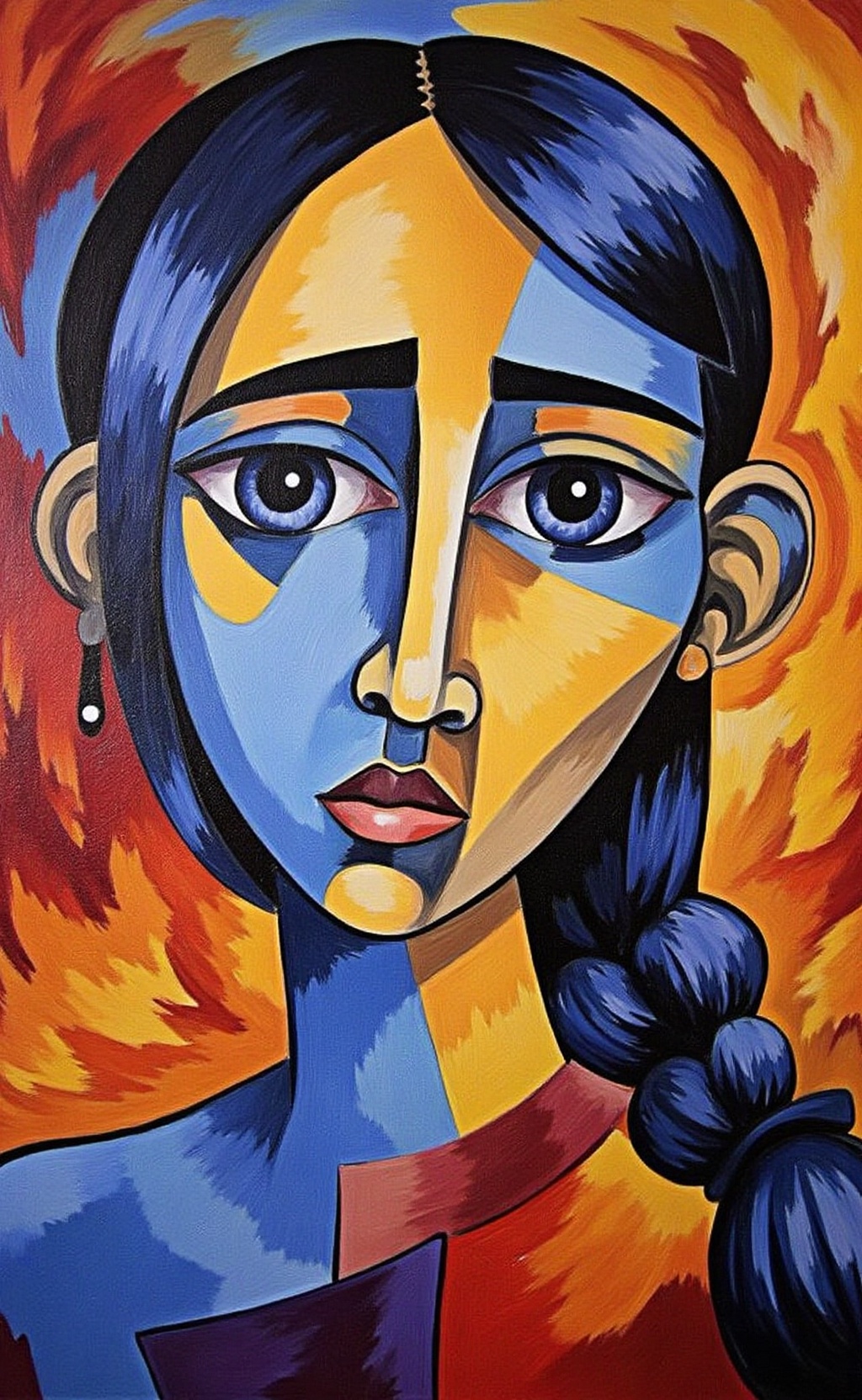 A Prismatic Visions style painting depicting an abstract,  cubist portrait of Akisweetest,  her round face using abstract...