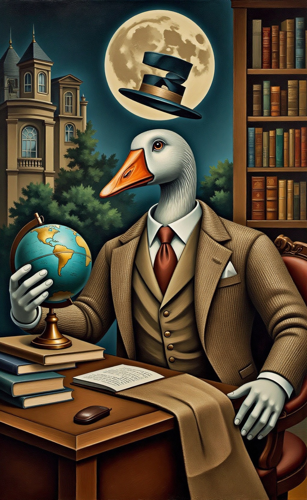 A Prismatic Visions painting of an anthropomorphic goose in a deconstructed,  cubist-style study. His tweed suit dissolves...