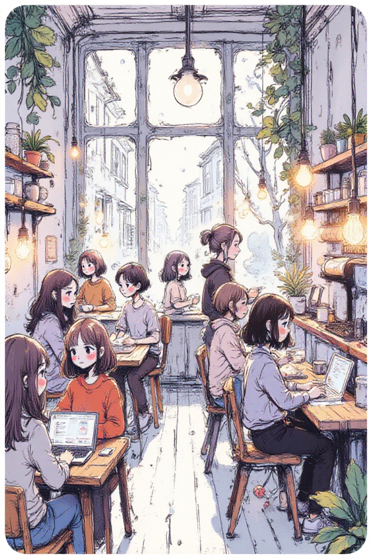 Sketchy,  depiction of a crowded coffee shop,  people sitting at tables working on laptops on Tensor.Art