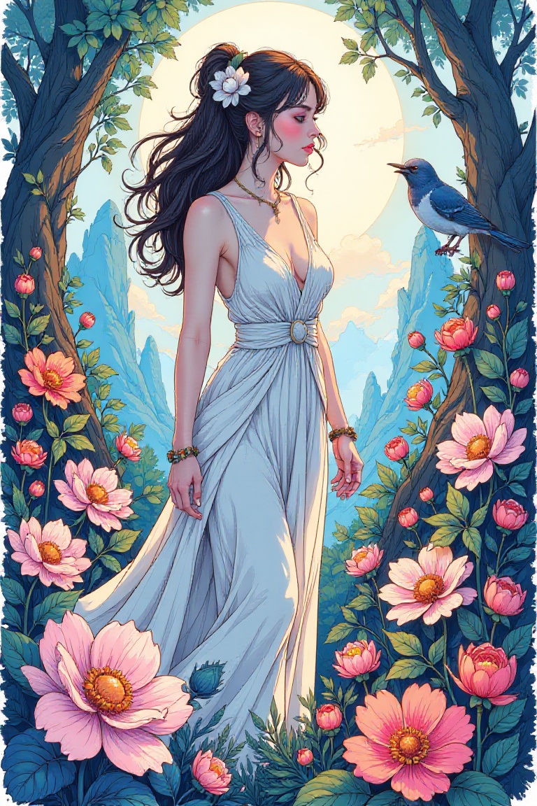 Sketchy sci-fi fantasy scene with a woman among flowers,  Blue ink lines,  Ink pen theme on Tensor.Art