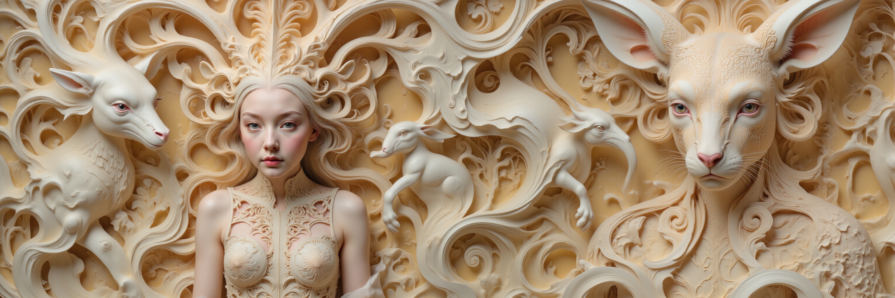 A hyperrealistic photography of a Caucasian girl's face with a creature,  reminiscent of James Christensen's style. The su...