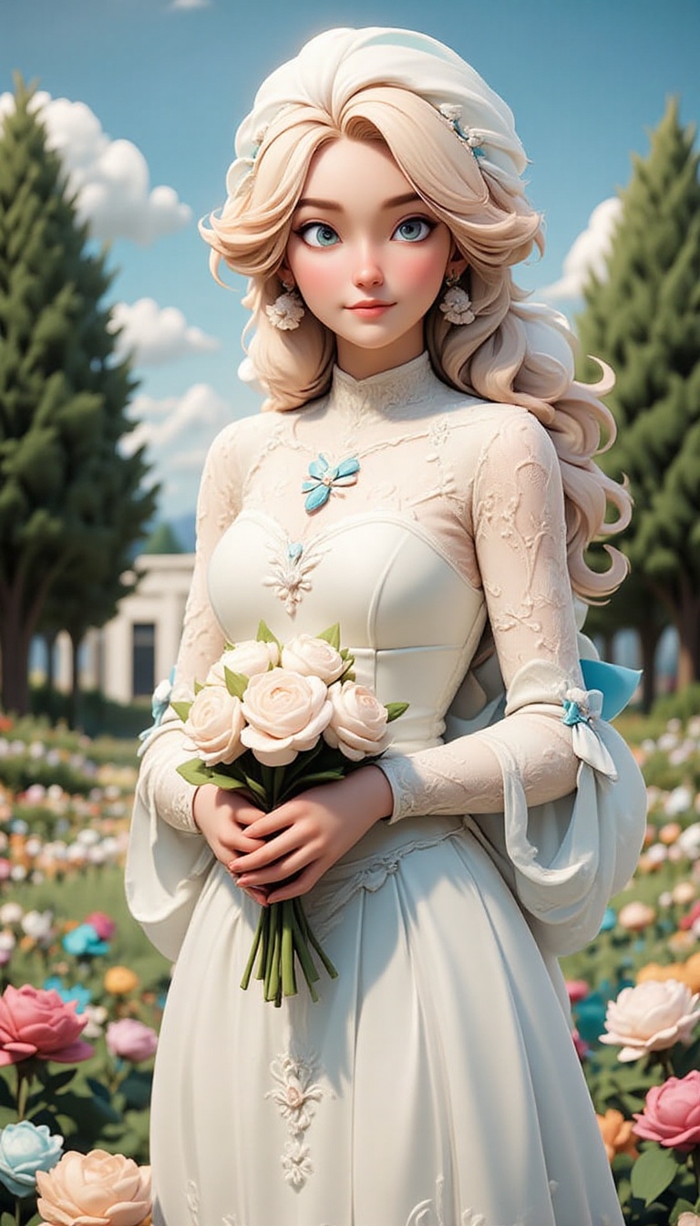 a fair-haired zelda princess,  dressed in a white dress,  is holding a bouquet of white roses in her hands. Her blonde hai...