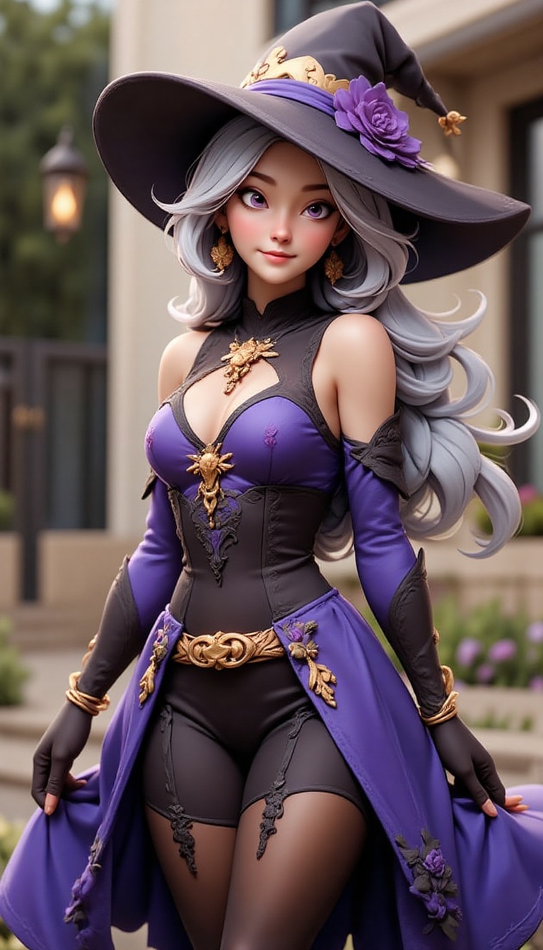 The image depicts a beautifully designed female character in an elegant witch outfit. She has long,  flowing silver-gray h...