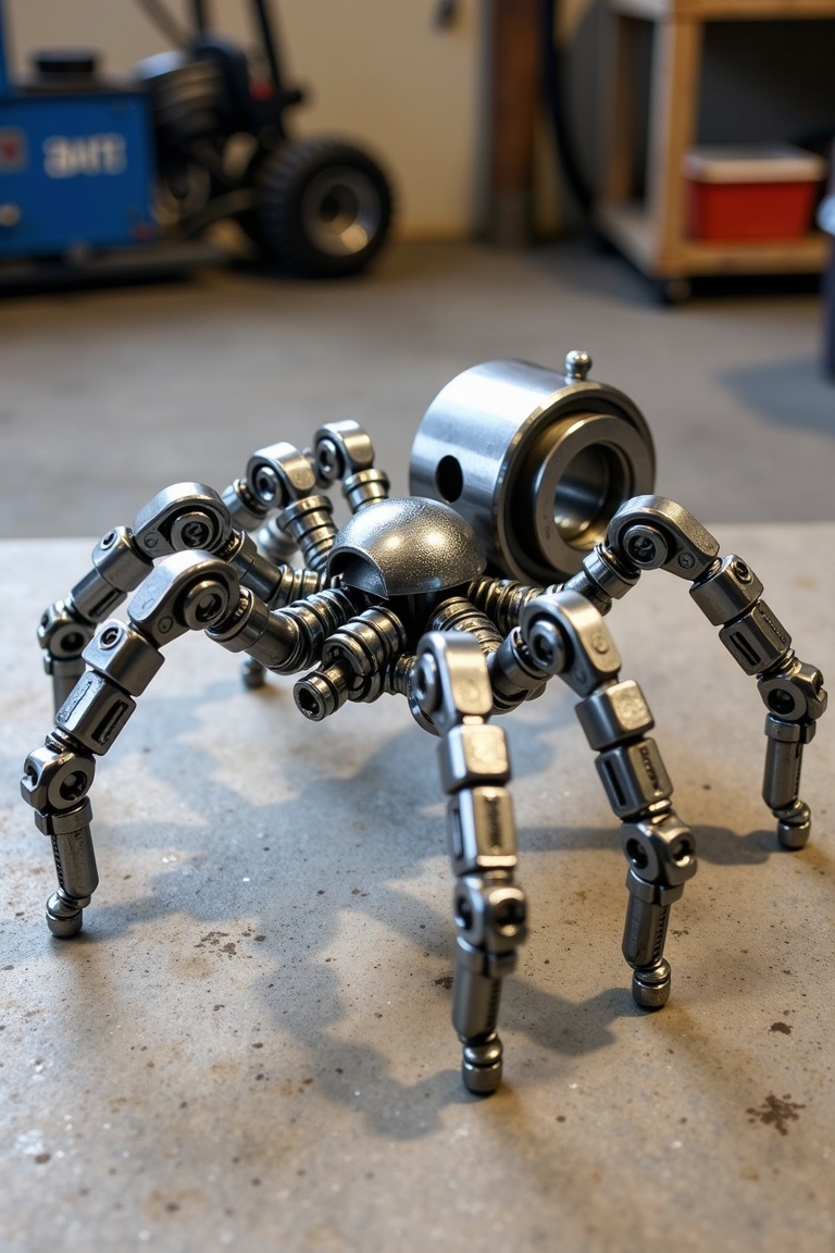 A metal sculpture of a spider crafted from stainless steel machine parts,  bolts,  and nuts. The shot is framed to capture...