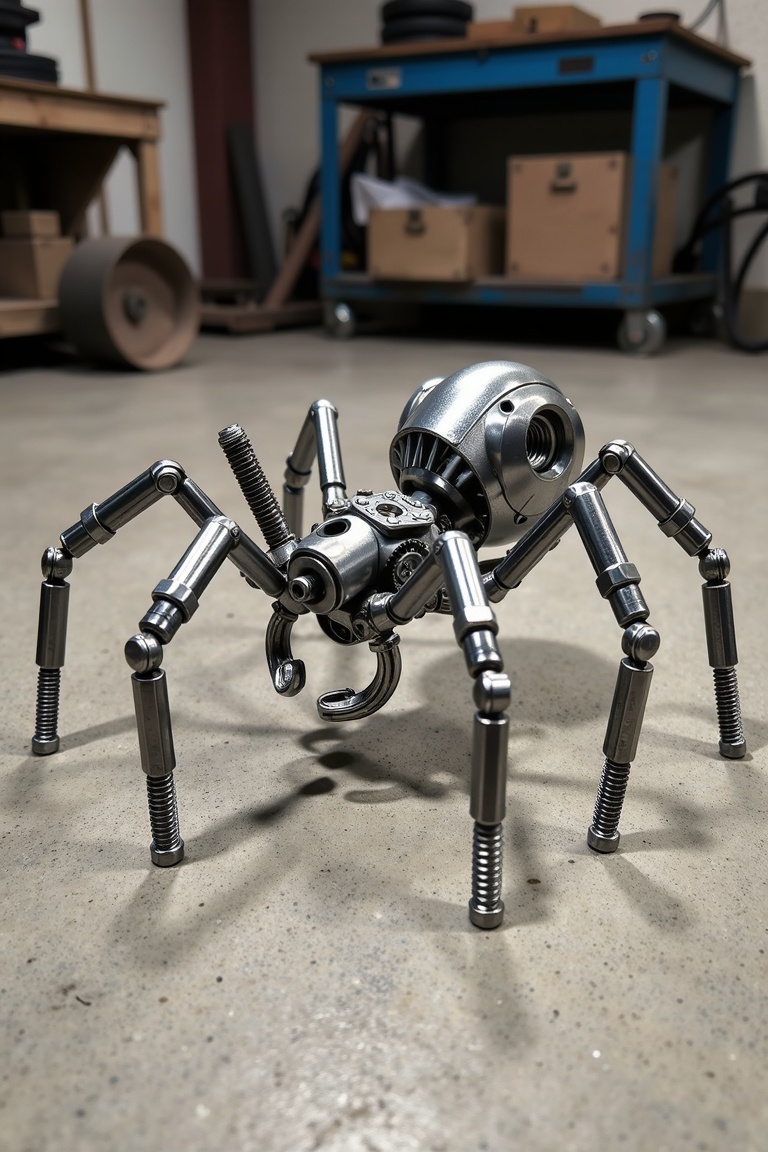 A metal sculpture of a spider crafted from stainless steel machine parts,  bolts,  and nuts. The shot is framed to capture...