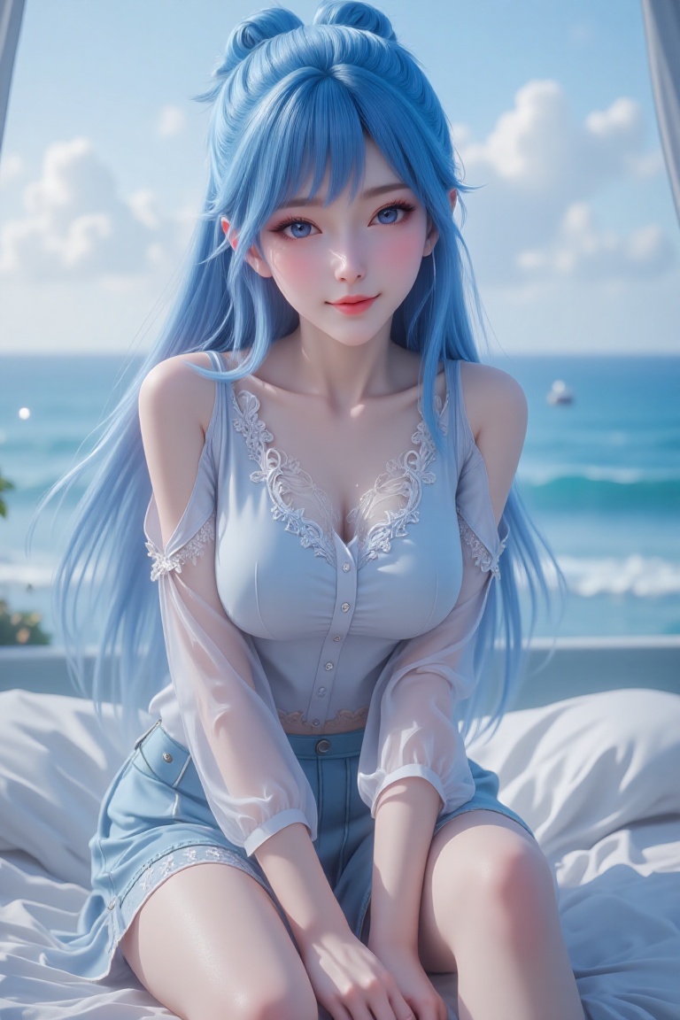 A blue-haired girl wearing a lace shirt and shorts poses on the bed,  with the sea visible through the window,  realistic...