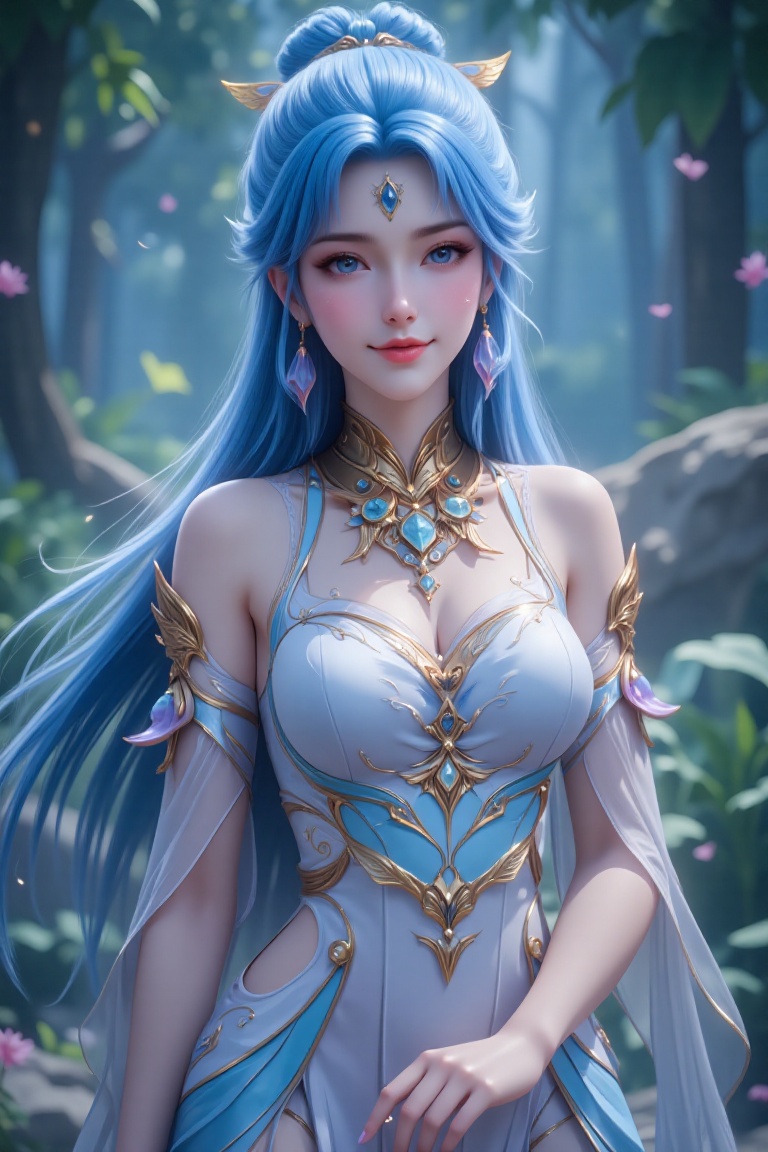 Fantasy art: A majestic female character with blue hair and a white dress,  adorned with golden jewelry,  set against the...