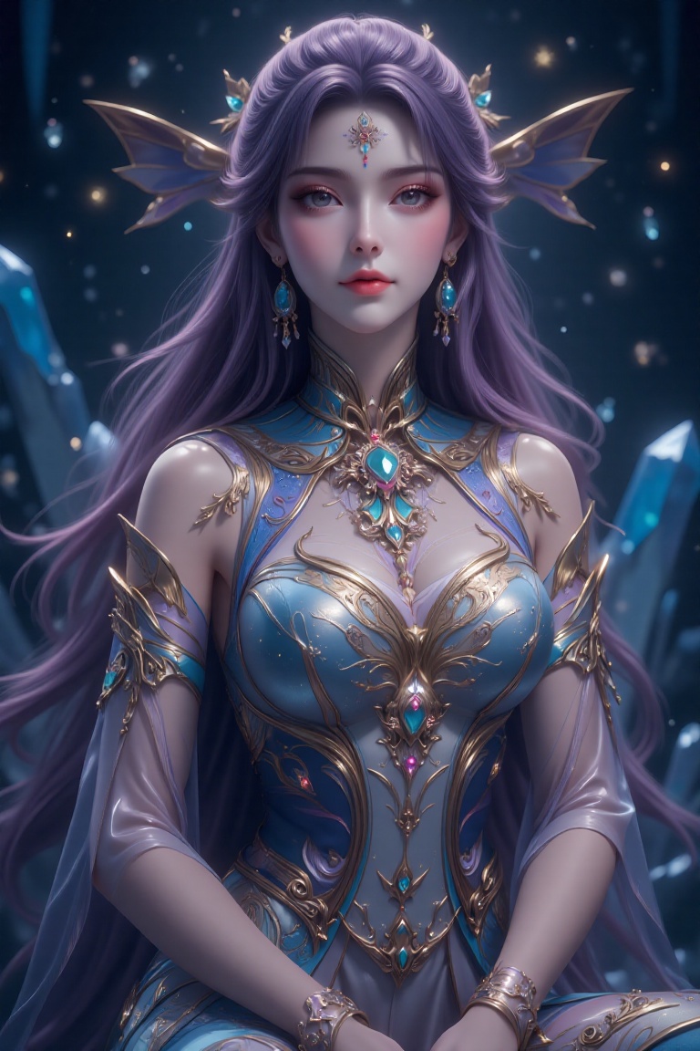Dreamy Portrait: A majestic figure dressed in elaborate clothing,  adorned with exquisite jewelry and headpieces. The back...