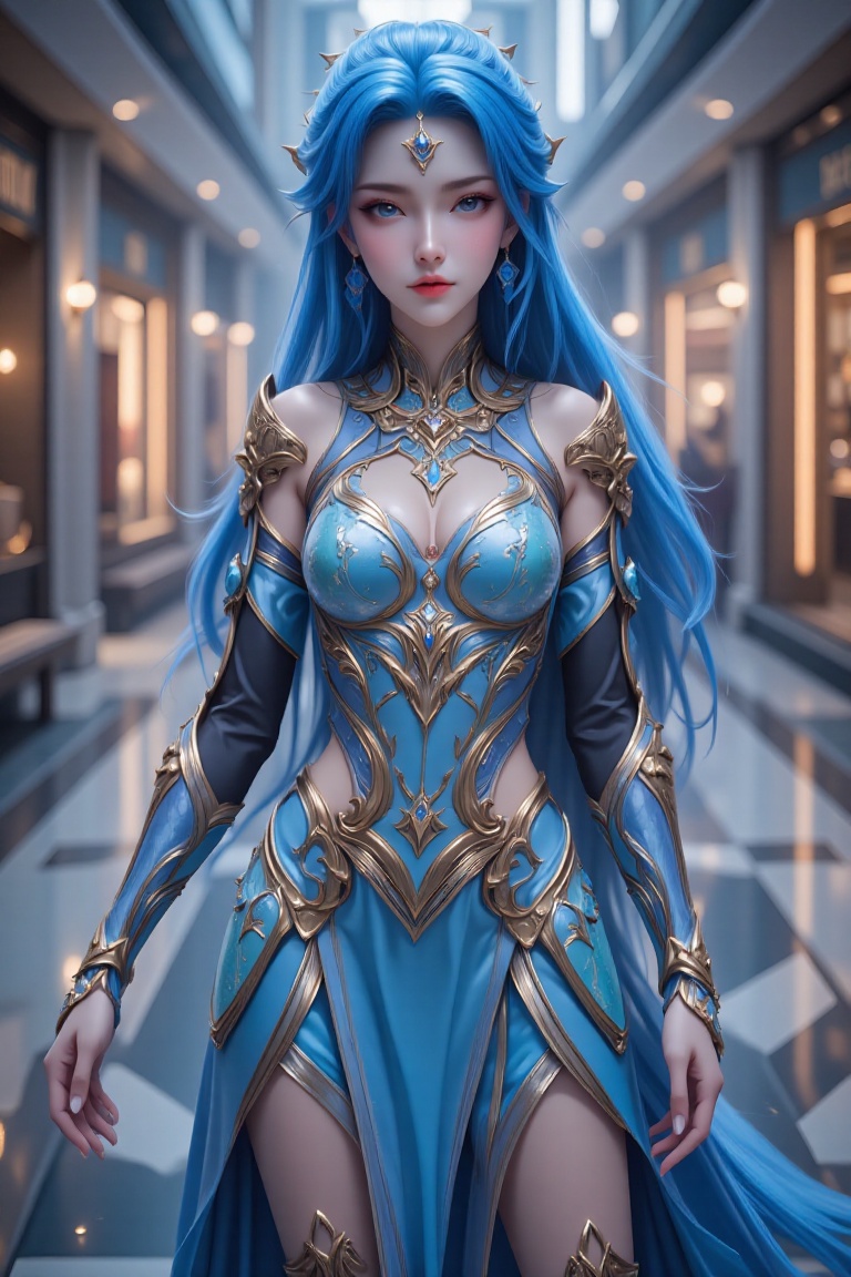 A blue-haired woman wearing crystal armor inlaid with gold and jewels poses in a mall,  realistic photography. on Tensor.Art
