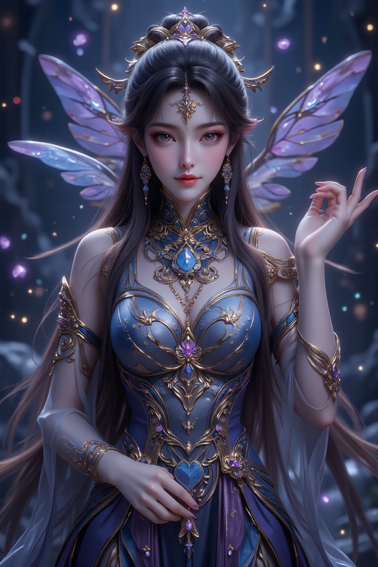 Dreamy Portrait: A majestic figure dressed in elaborate clothing,  adorned with exquisite jewelry and headpieces. The back...