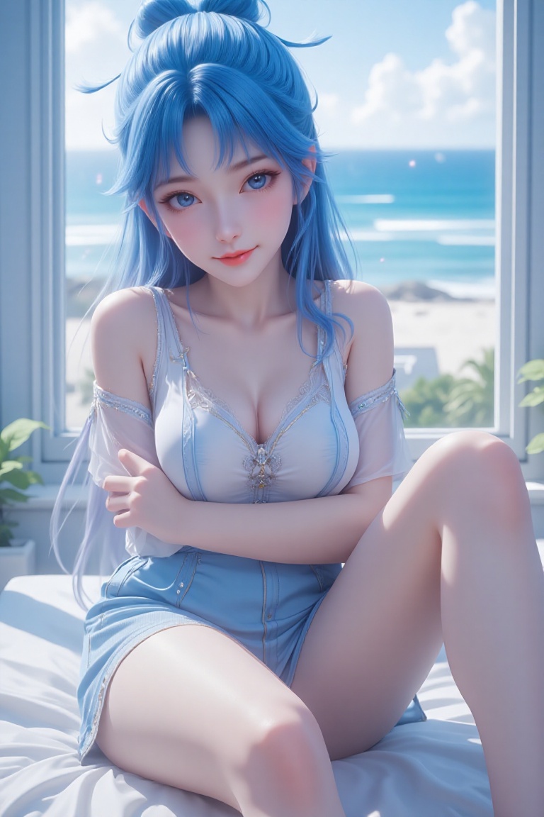 A blue-haired girl wearing a lace shirt and shorts poses on the bed,  with the sea visible through the window,  realistic...