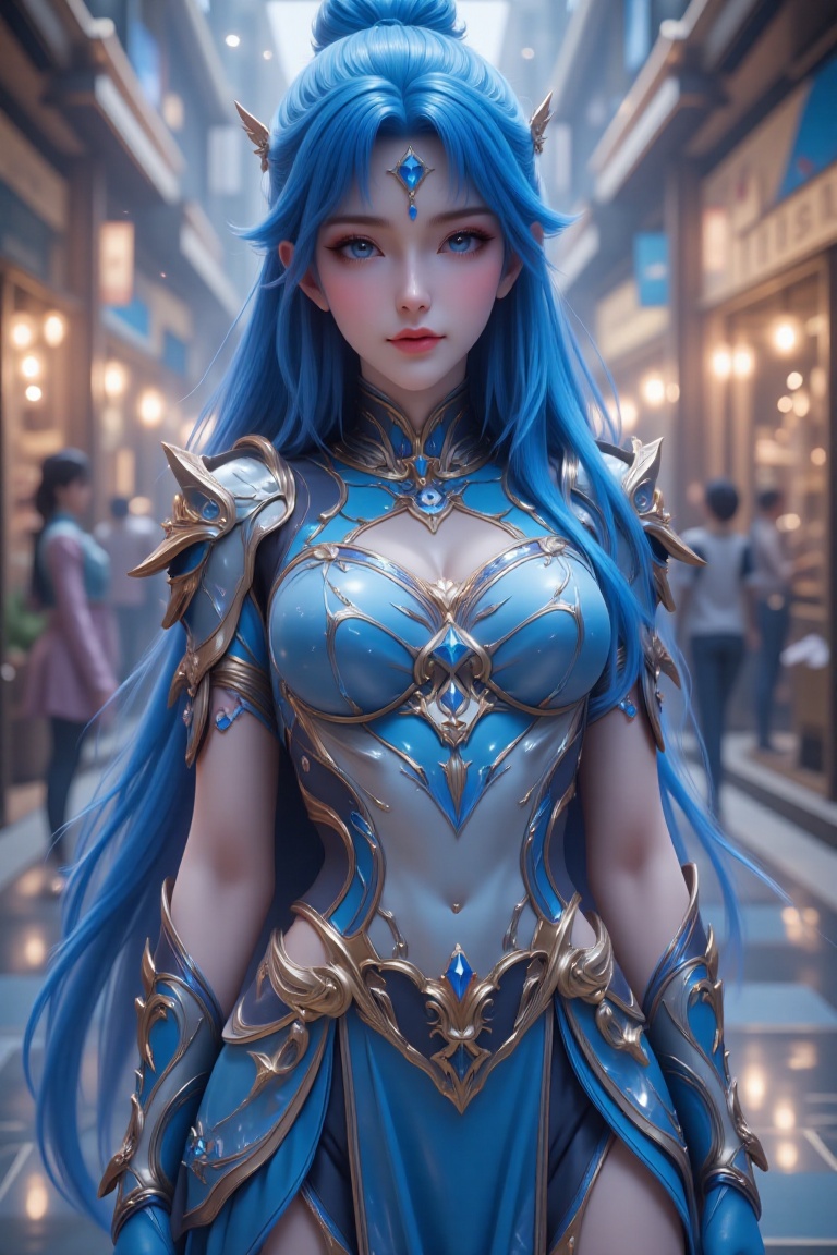 A blue-haired woman wearing crystal armor inlaid with gold and jewels poses in a mall,  realistic photography. on Tensor.Art