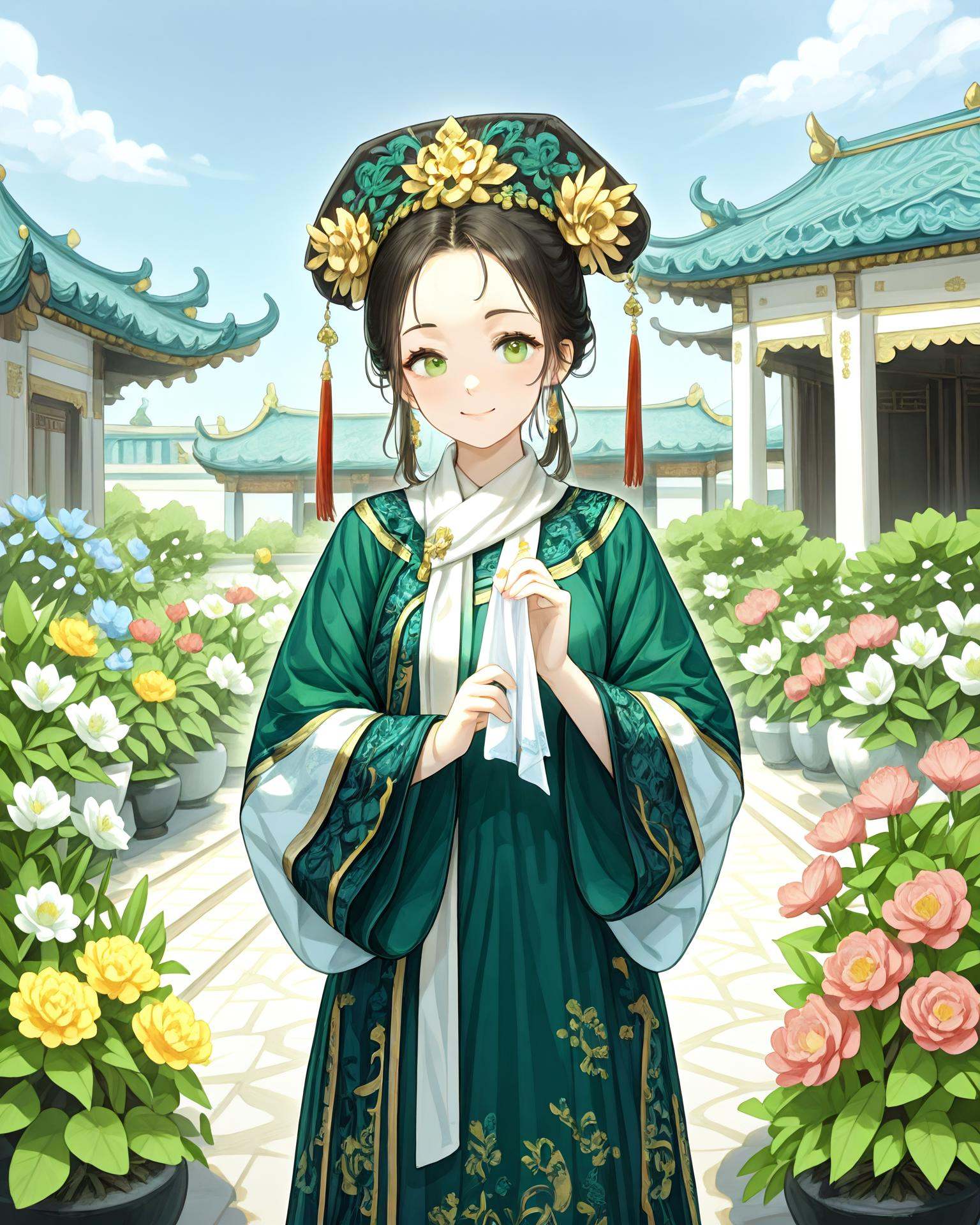 1girl,  qingfaA woman in extremely detailed blue and green qingfa clothing stands in a beautiful palace garden,  surrounde...
