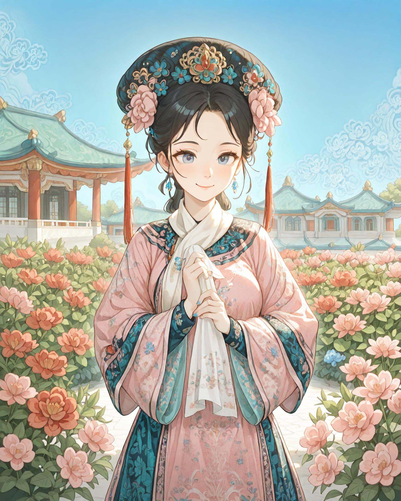 1girl,  qingfaA woman in extremely detailed qingfa clothing stands in a beautiful palace garden,  surrounded by carefully...