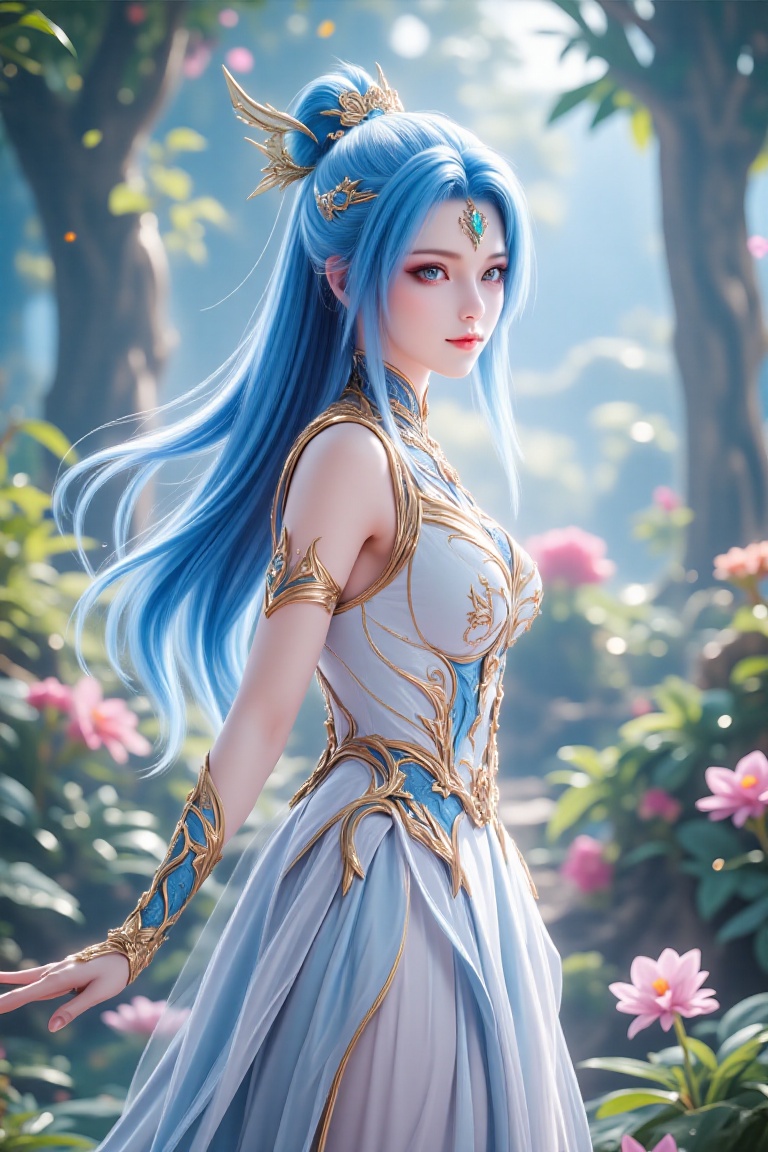A majestic female character with blue hair and a white dress,  adorned with golden jewelry,  set against the backdrop of a...