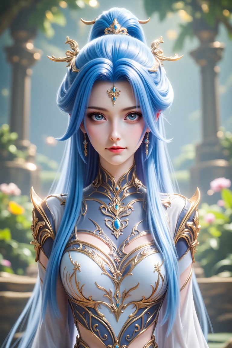 A majestic female character with blue hair and a white dress,  adorned with golden jewelry,  set against the backdrop of a...