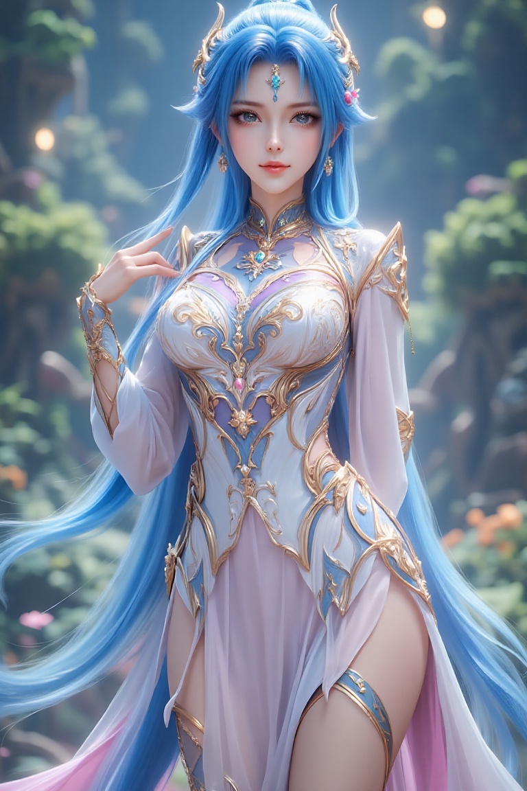 A majestic female character with blue hair and a white dress,  adorned with golden jewelry,  set against the backdrop of a...