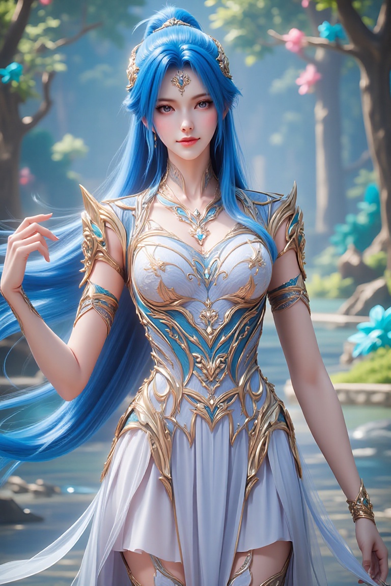A majestic female character with blue hair and a white dress,  adorned with golden jewelry,  set against the backdrop of a...