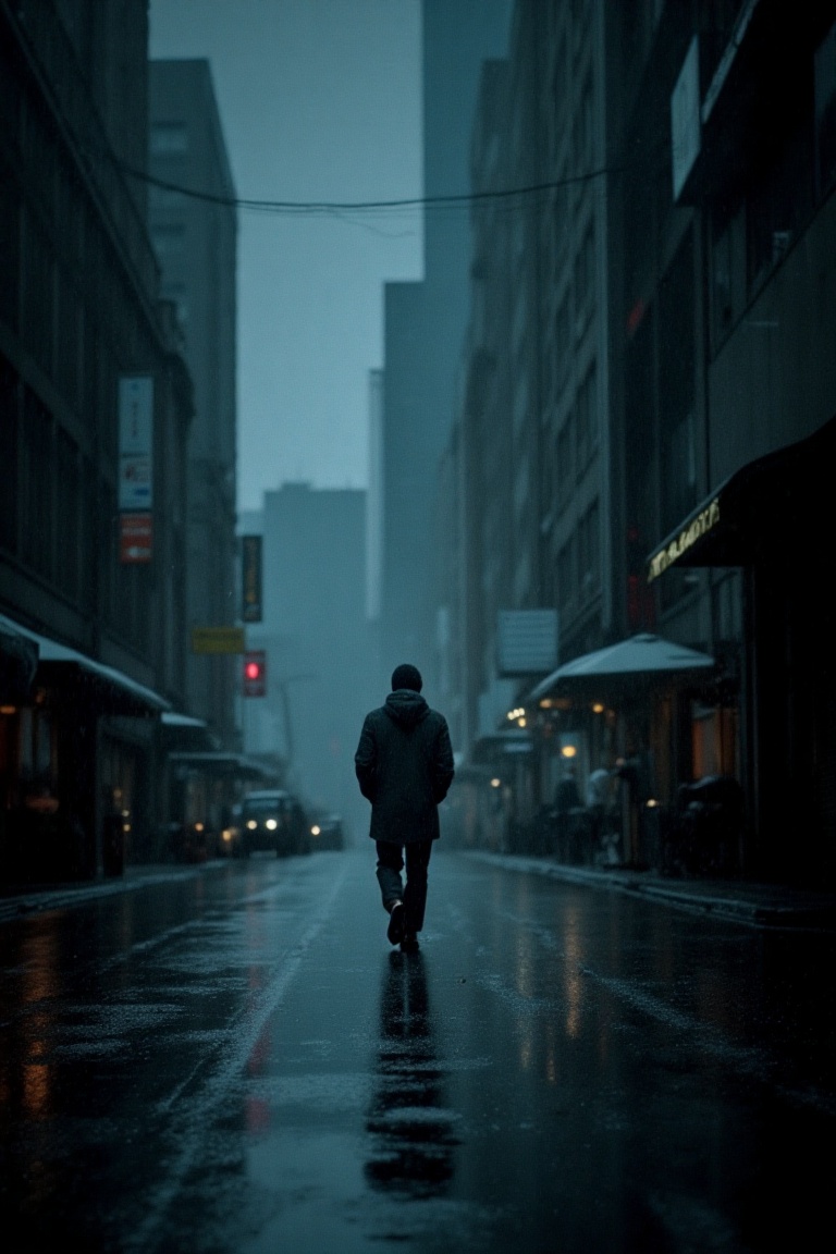 a A lone figure walking down a rain-soaked city street,  film grain,  cinematic still on Tensor.Art
