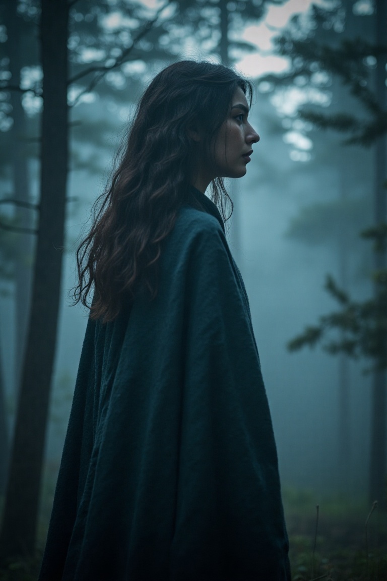 A woman's profile emerges from a misty forest,  her long hair and flowing cloak entwining with the fog-shrouded treetops....