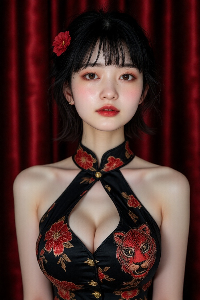 Young Asian woman,  20s,  in a traditional Chinese cheongsam. The cheongsam is a sleeveless on Tensor.Art
