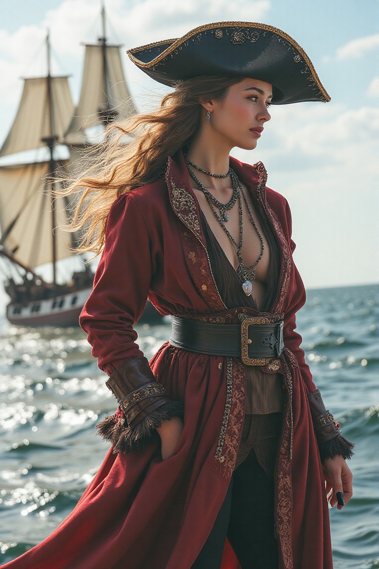 A majestic female pirate stands at the ship's edge,  her long,  wavy hair flowing in the sea breeze like the richly detail...