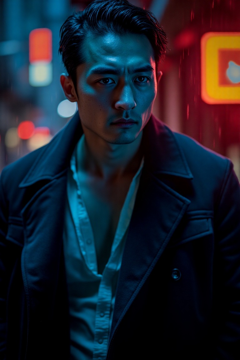 A ruggedly handsome man in his early 30s,  standing in a moody,  rain-soaked urban alley at night. His sharp jawline is hi...