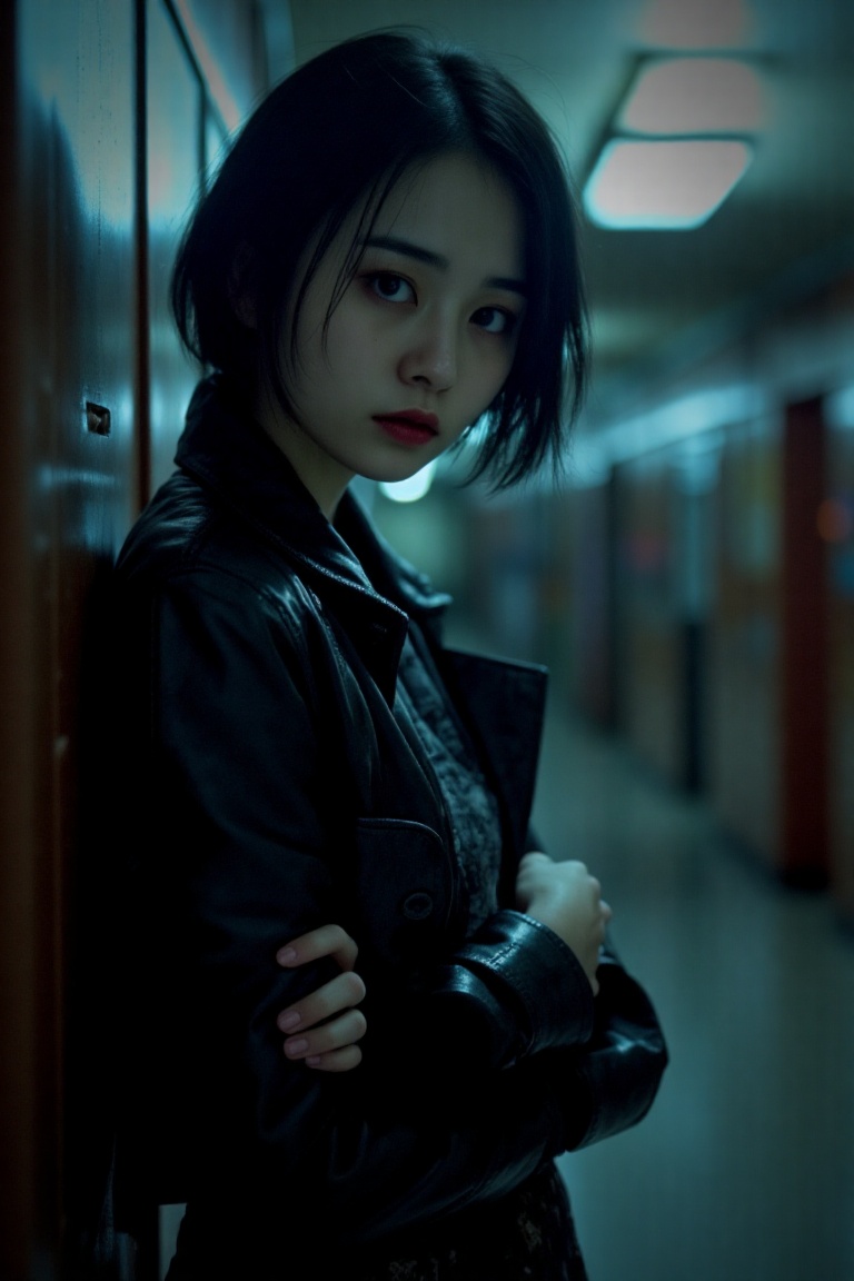 A haunting close-up captures the enigmatic figure's macabre allure,  set against a dimly lit high school hallway with flic...