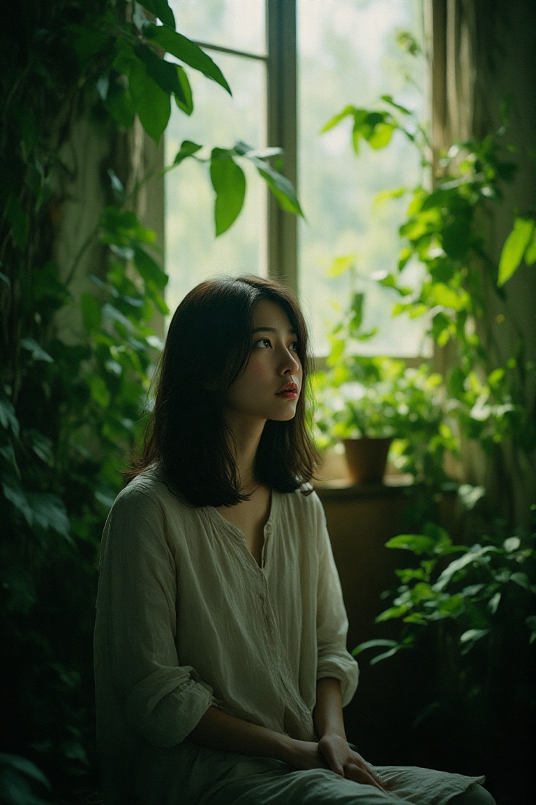 An Asian girl sits amidst lush greenery,  surrounded by the soft glow of dappled sunlight streaming through a window. She'...