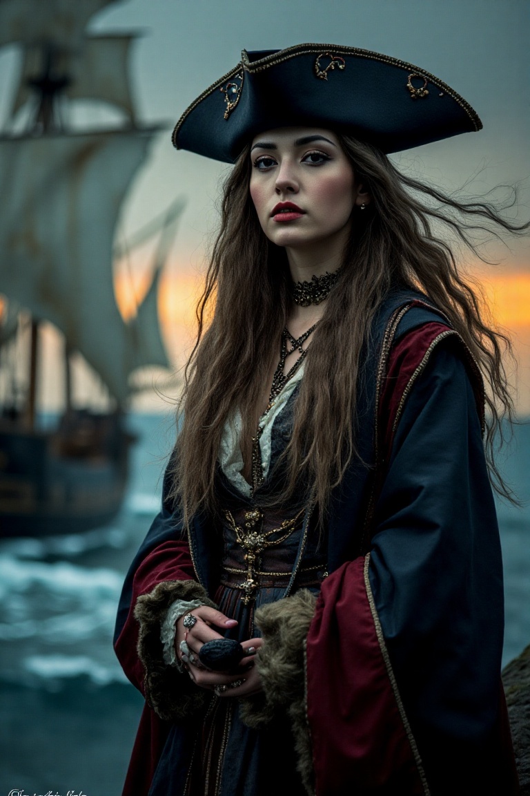 A majestic female pirate stands at the ship's edge,  her long,  wavy hair flowing in the sea breeze like the richly detail...