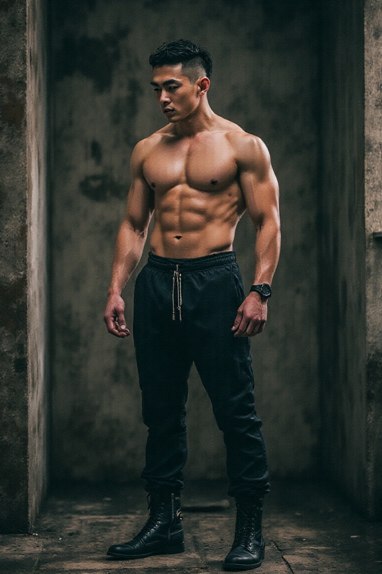 create an image of a strong intimidating asian boy warrior that is a muscular body builder warrior,  with Iron Skin,  shor...