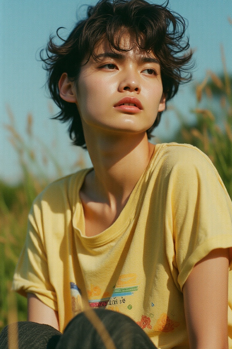 Portrait of a beautiful slim alternative 20 year old ,  t-shirt,  analog on Tensor.Art