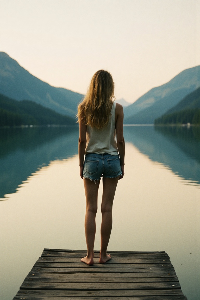 A young woman stands on a weathered wooden dock extending over a still mountain lake at dusk. Dressed in cutoff denim shor...