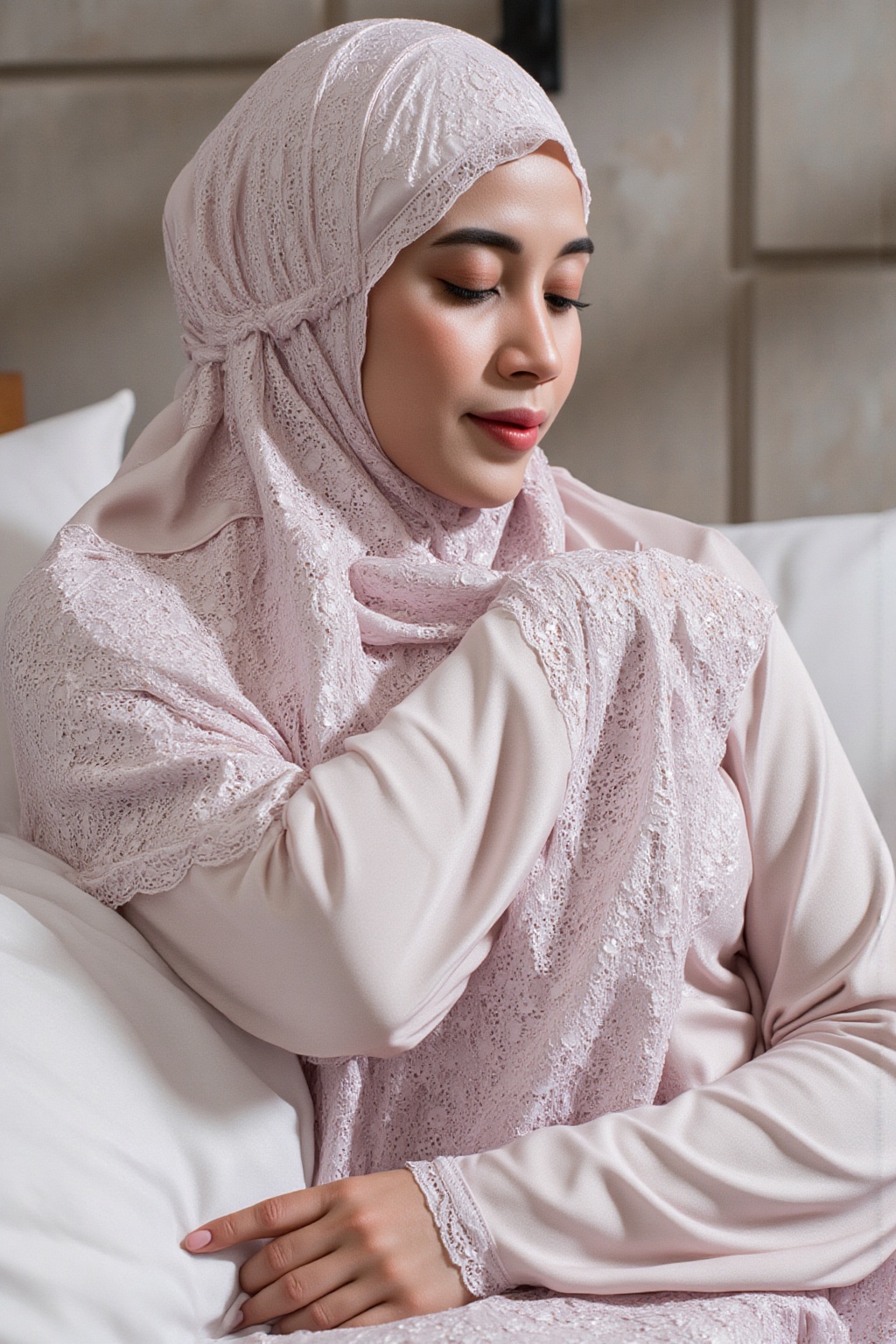 (HIJAB)A young woman,  wearing a light green hijab and a shimmering,  rose gold on Tensor.Art