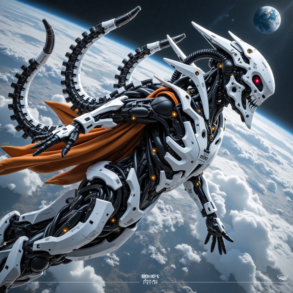 A majestic white and grey bio-mechanical humanoid figure with black and orange robe,  dynamically posed mid-flight in spac...