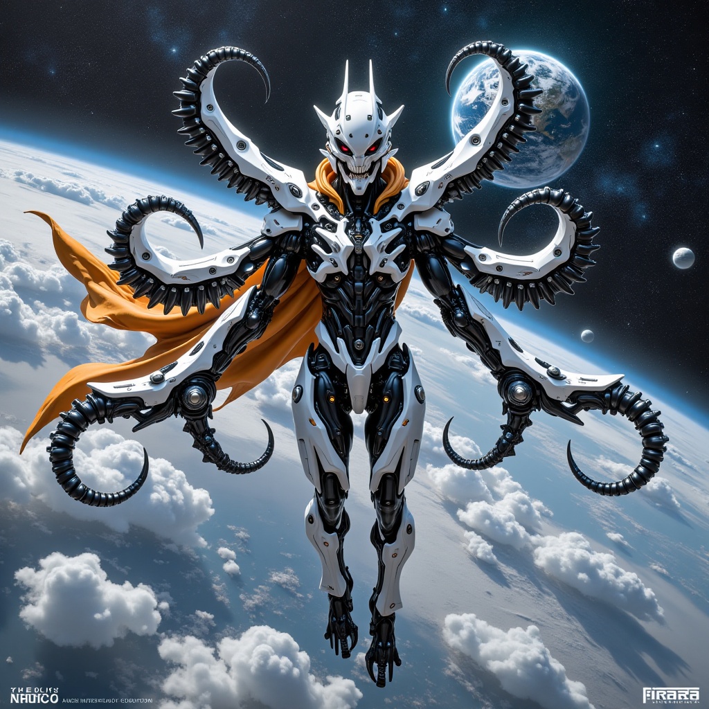 A majestic white and grey bio-mechanical humanoid figure with black and orange robe,  dynamically posed mid-flight in spac...