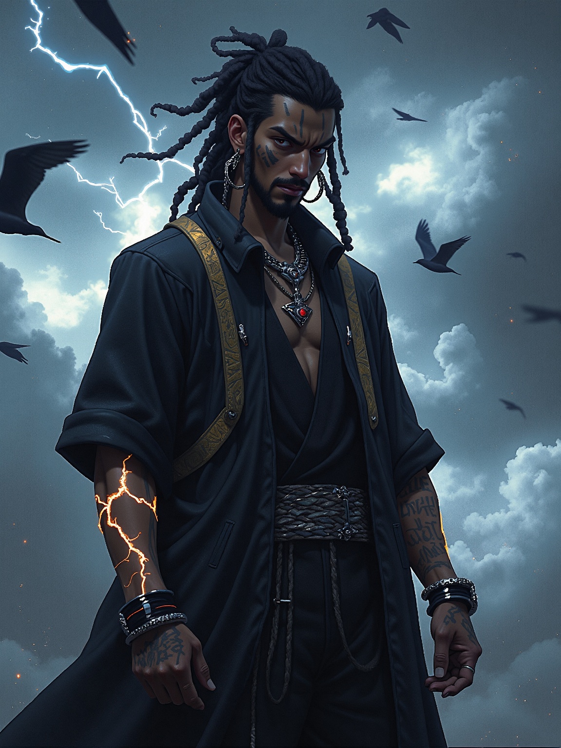 Niji Style,  Amid a stormy sky shrouded in dark clouds and illuminated by flashes of lightning,  a figure with dreadlocks...