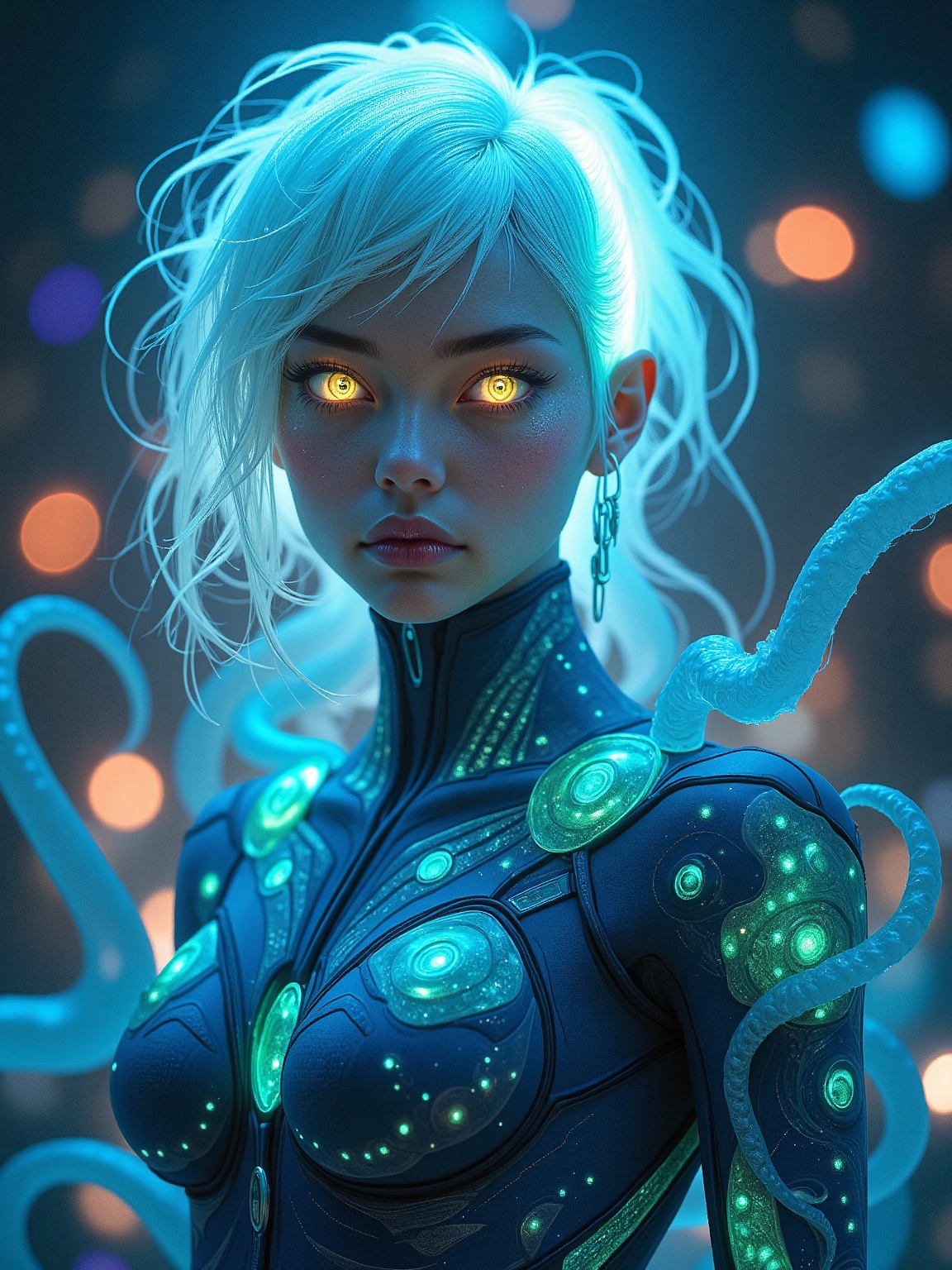 Niji Style,  A striking figure with luminescent white hair and glowing,  piercing yellow eyes stands out against a dark on...