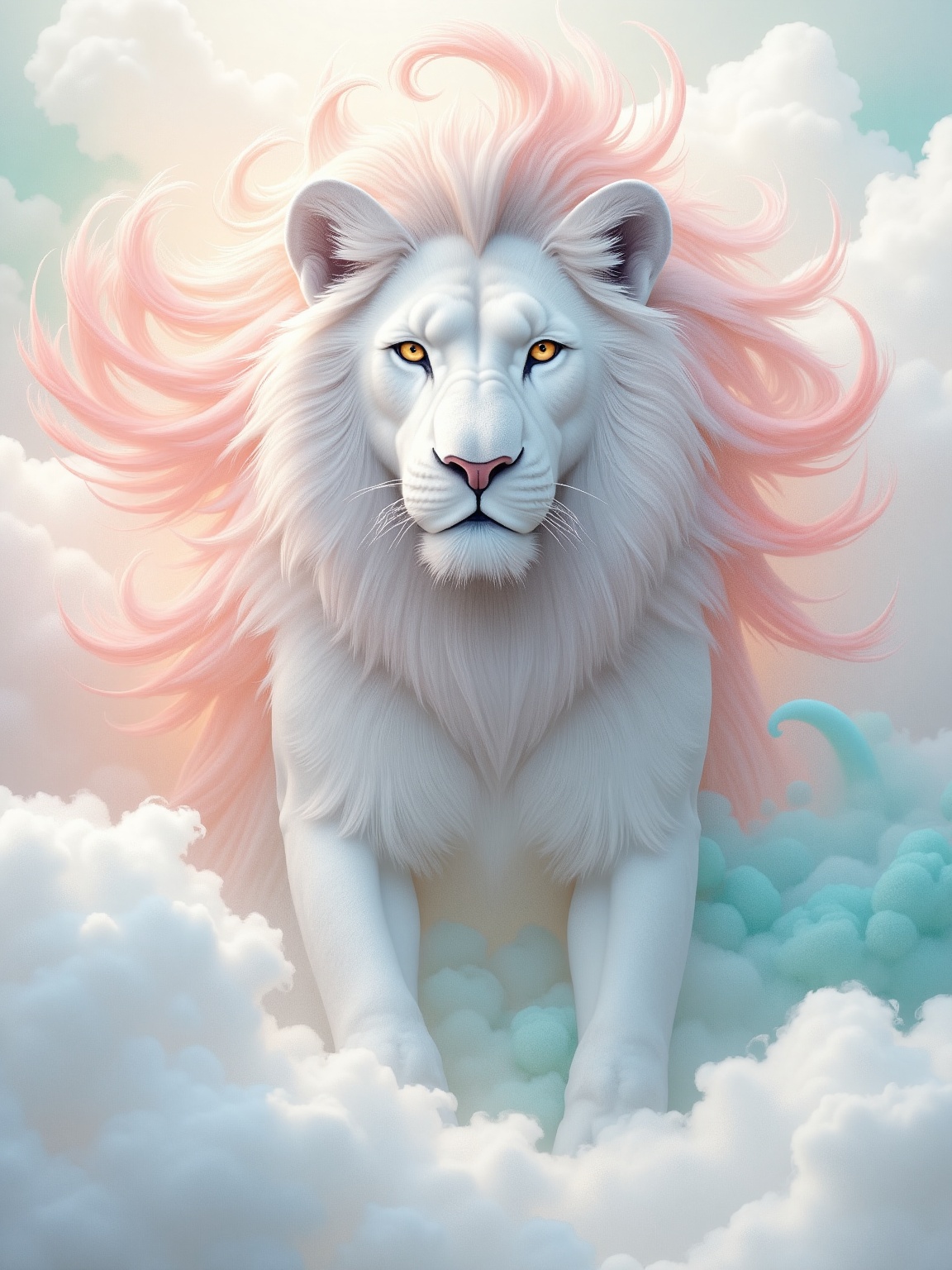 Niji Style,  A majestic white lion stands prominently,  its mane a flowing cascade of pastels. The mane features hues of p...
