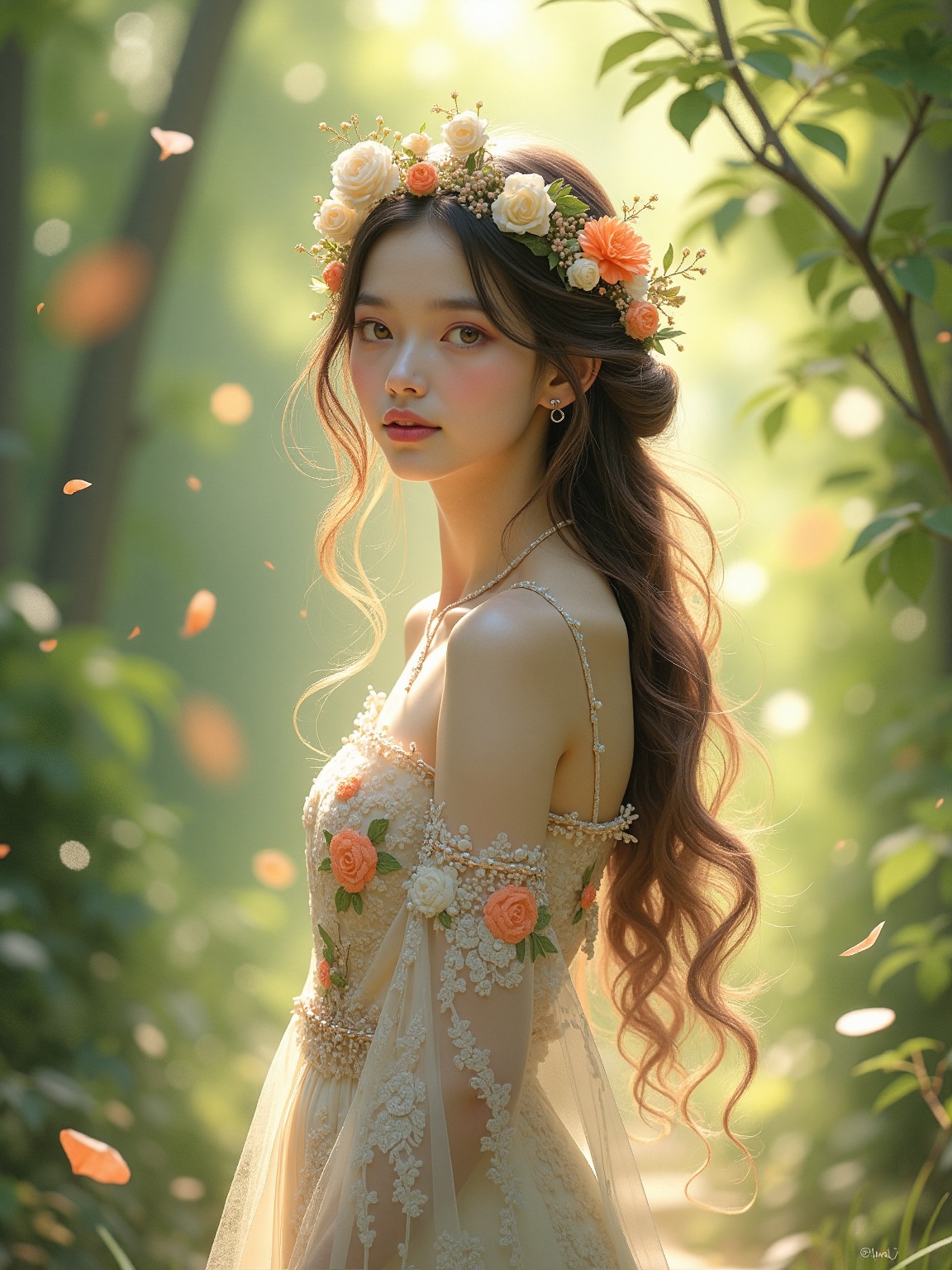 Niji Style,  A young woman with long,  wavy hair adorned with a crown made of delicate flowers on Tensor.Art