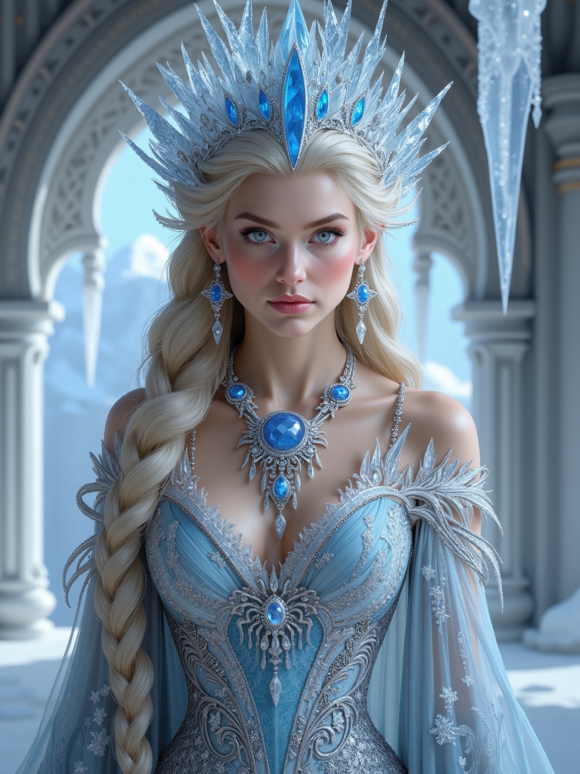 Niji Style,  A regal woman with long,  braided blonde hair adorned in an intricate icy crown stands in an ornate on Tensor...