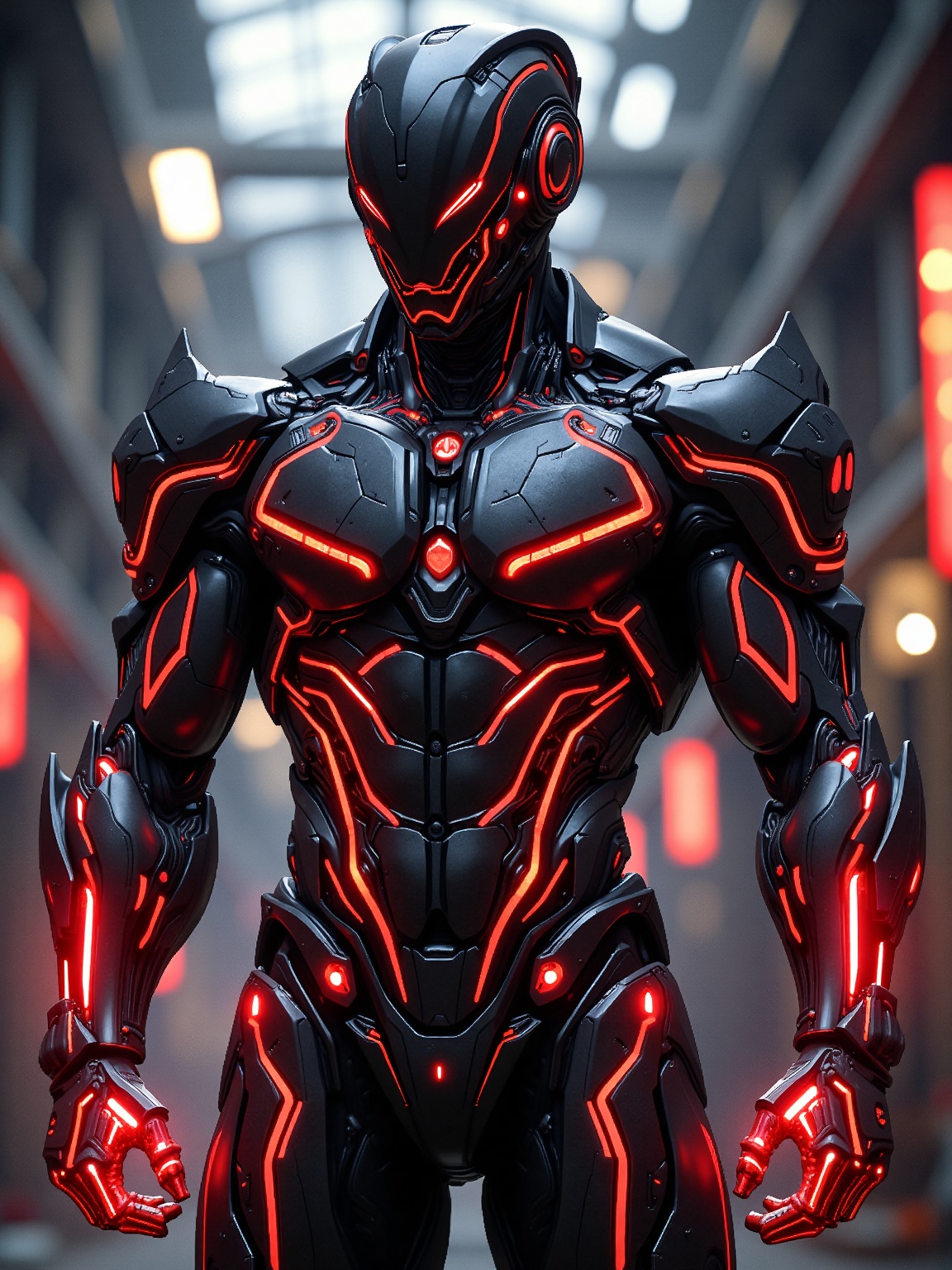 Niji Style,  A futuristic armored figure stands with an imposing presence. The suit is sleek and black,  adorned with glow...
