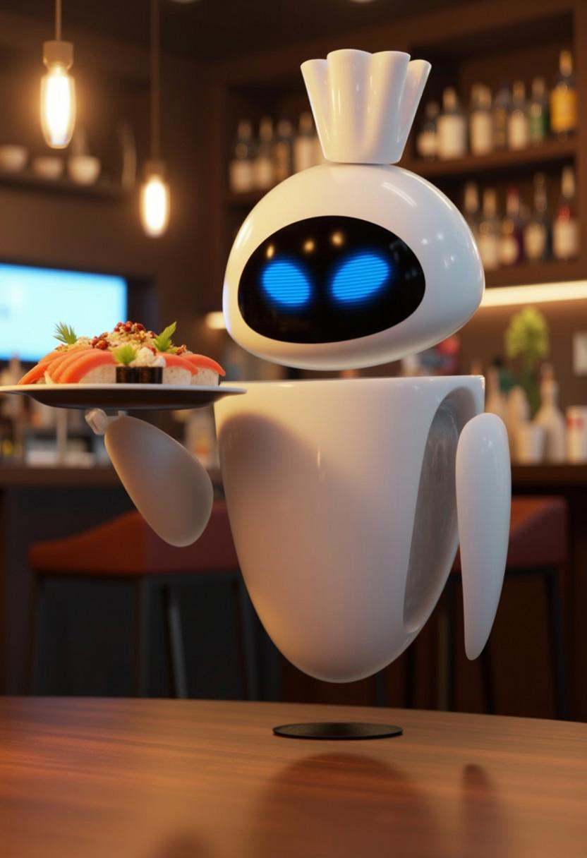 Eve,  a legless floating robot,  holding a tray of sushi on Tensor.Art