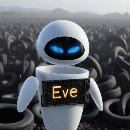 Eve,  holding a sign that says "Eve",  in a junkyard filled with used tyres on Tensor.Art