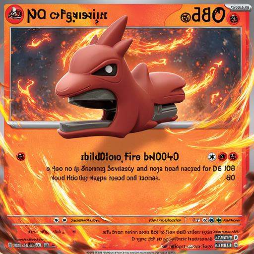 This is a pokemon trading card featuring a stapler CALLED "STAPLERMON,  on a background of a chaotic mess of fire trails,...