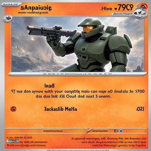 This is a pokemon trading card featuring Master chief. The card has a single attack called "Gun",  with the description "U...