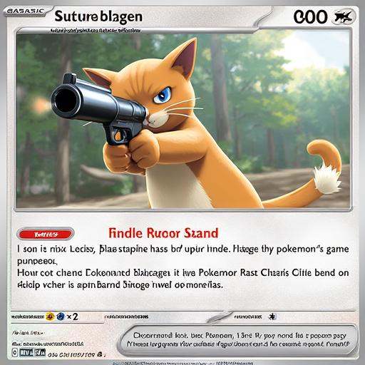 This is an image of a pokemon trading card,  specifically a trainer card,  depicting a cat aiming a gun at viewer on Tenso...